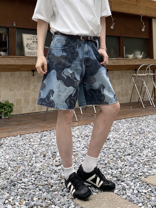 3576 Men's 11.8 oz Baggy Loose Graffiti Printing Denim Shorts