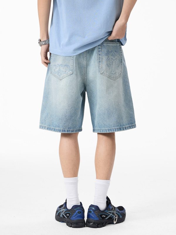 K030 Men's 13.2 OZ Snap Hook 3D Baroque Embroidery Denim Shorts