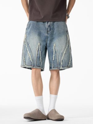 1787293394321225.jpg DK13 Men's Raw Edge Fringe Patchwork Distressed Denim Shorts
