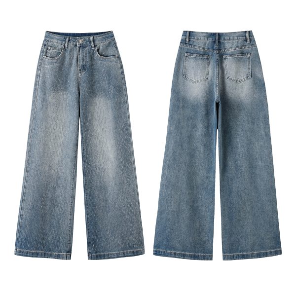 Women's 11 OZ Rhinestone Classic Five Pockets Wide Leg Jeans
