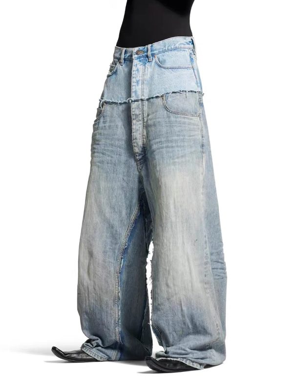 MJ016  Men's 15.5 OZ Y2K Baggy Double Waist Wide Leg Patchwork Jeans