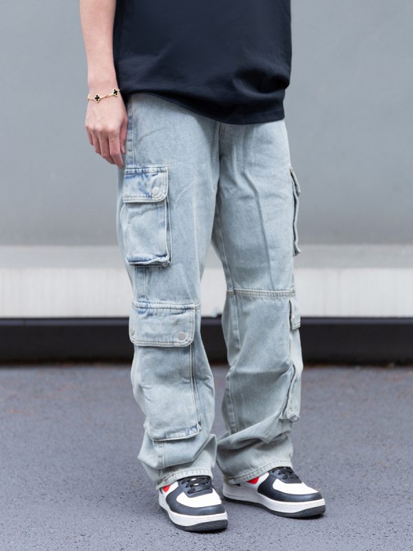 8557 Men's 14.2 OZ Vintage Light Wash Cargo Baggy Jeans