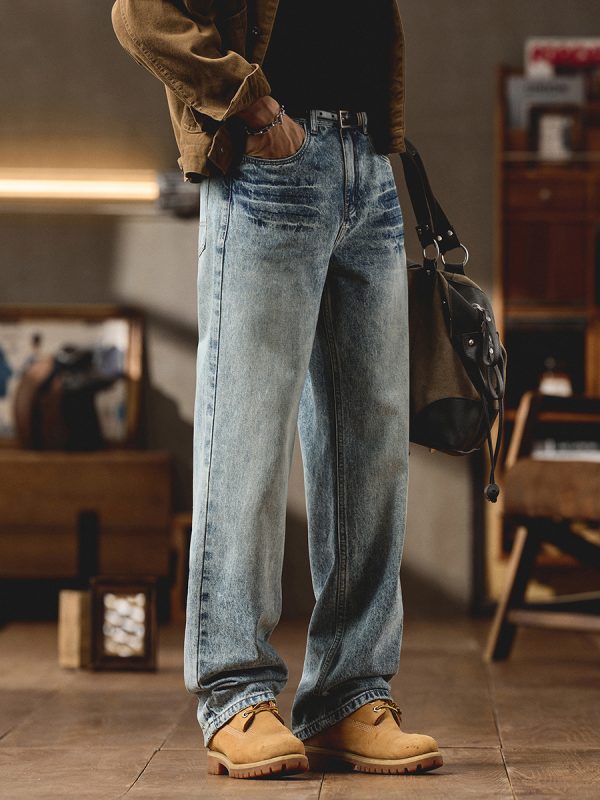 9912 Men's Vintage Acid Snow Wash Hand‑Brushed Whiskers Jeans