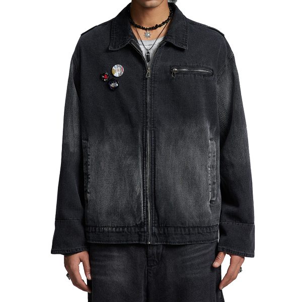 W121 Men's 14.6 OZ Oversized Zip‑up Pin‑badge Denim Jackets