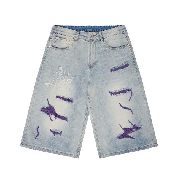 1519 Men's 13 OZ Grunge Blue‑purple Two‑tone Denim Cropped Capri Ripped Jeans