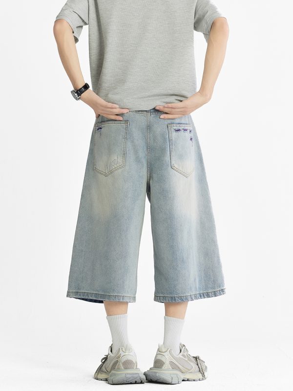 1519 Men's 13 OZ Grunge Blue‑purple Two‑tone Denim Cropped Capri Ripped Jeans