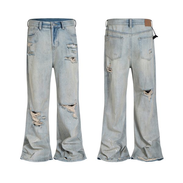 TJ162 Men's 13.2 OZ Vintage Ripped Splatter Painting Bootcut Jeans
