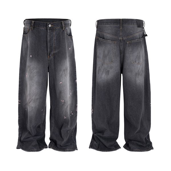 TJ129 Men's 13.8 OZ Paint Splatter Charcoal Black Baggy Jeans
