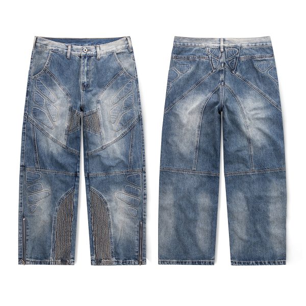 JK9661 Men's Moto Biker Laser Etching Stitched Embossed Jeans
