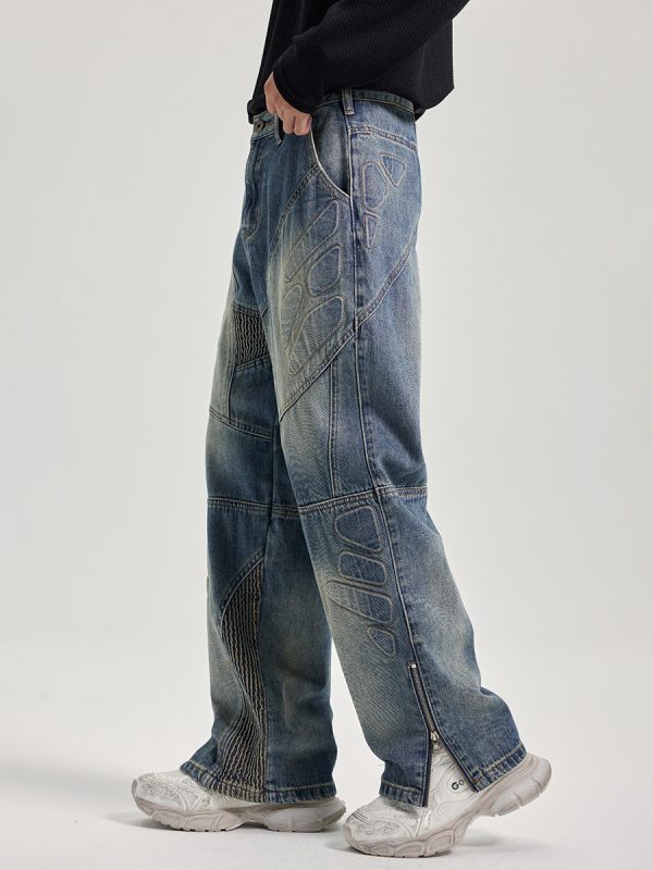 JK9661 Men's Moto Biker Laser Etching Stitched Embossed Jeans