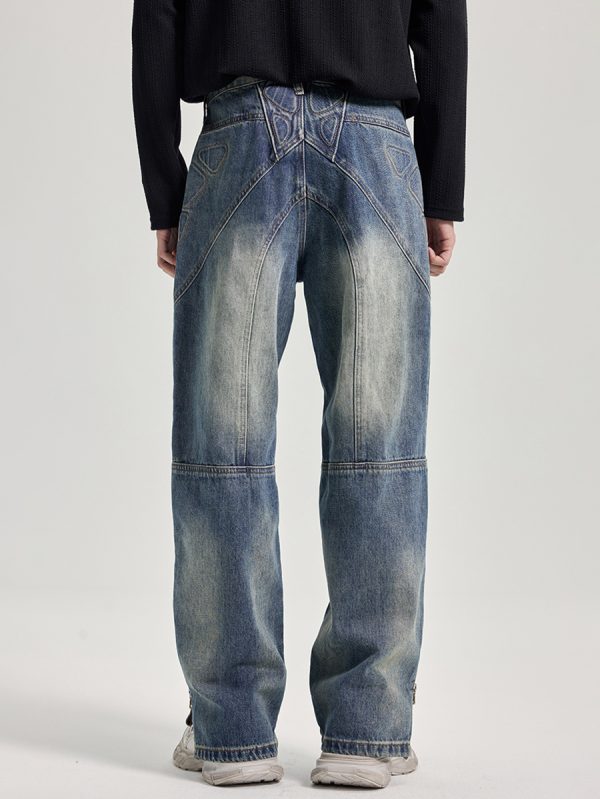 JK9661 Men's Moto Biker Laser Etching Stitched Embossed Jeans
