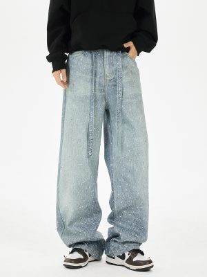 Q166 Men's 3D Digital Printing Rhinestone Loose Straight Jeans