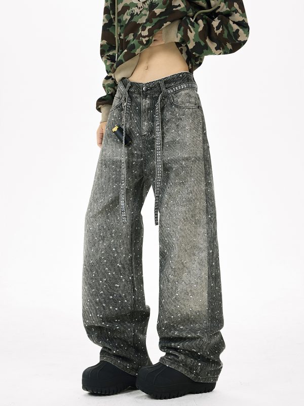 Q166 Men's 3D Digital Printing Rhinestone Loose Straight Jeans