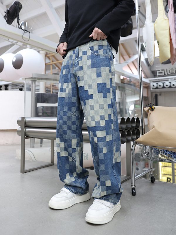 3752 Men's 10.4 OZ 100% Cotton Baggy Checkered Jacquard Denim Jeans