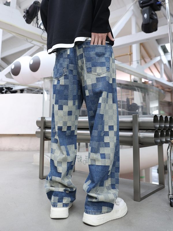 3752 Men's 10.4 OZ 100% Cotton Baggy Checkered Jacquard Denim Jeans