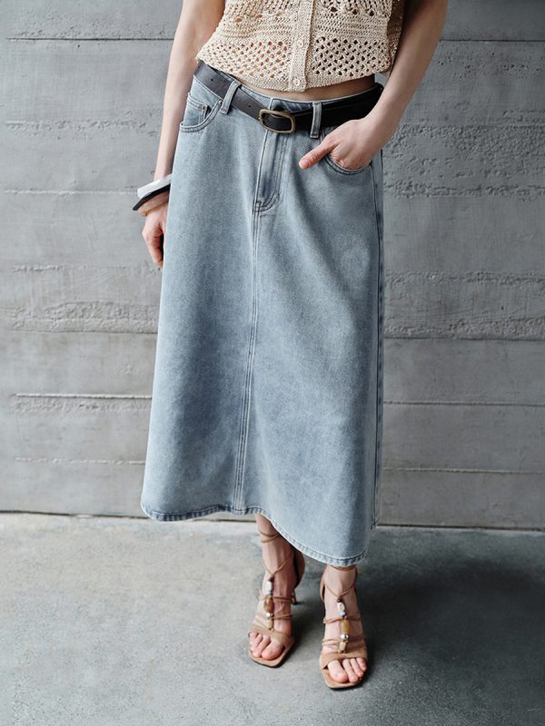 1788126648432866.jpg Women's 12.8 OZ High Rise Minimalist A‑line Midi Denim Skirts