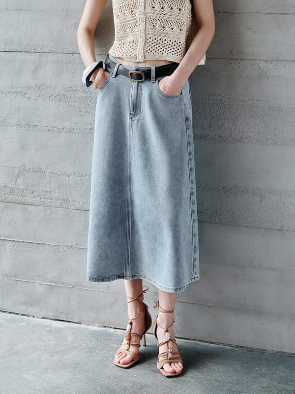 1788126668601992.jpg Women's 12.8 OZ High Rise Minimalist A‑line Midi Denim Skirts