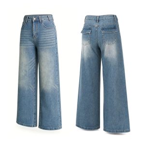 Women's 12.8 OZ Stretch High Rise Faded Wash Wide Leg Flap Back Pockets Jeans