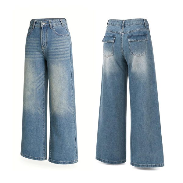 1788142822466580.jpg Women's 12.8 OZ Stretch High Rise Faded Wash Wide Leg Flap Back Pockets Jeans