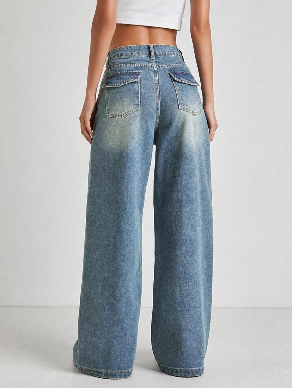 1788142845424593.jpg Women's 12.8 OZ Stretch High Rise Faded Wash Wide Leg Flap Back Pockets Jeans