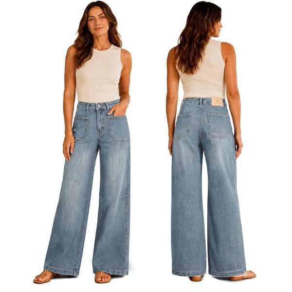 Women's 11.8 OZ Retro Cargo Square Front Patch Pockets Wide Leg Jeans