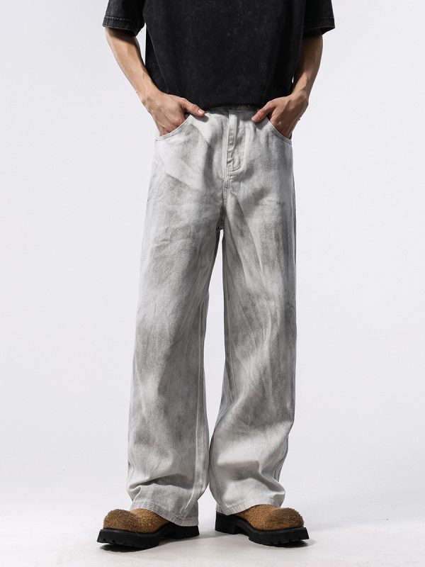 BY490 Men's 12.8 OZ Grunge Marble Tie Dye Wash Wide Leg Jeans