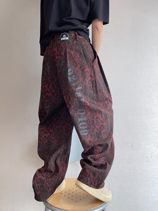 LBC001 Men's 3D Digital Burgundy Leopard All Over Printing Canvas Pants