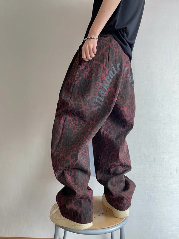 LBC001 Men's 3D Digital Burgundy Leopard All Over Printing Canvas Pants