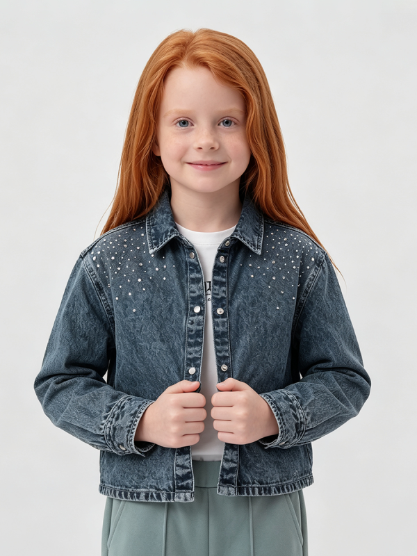 11.8 OZ Little Girls Vintage Cropped Acid Wash Rhinestone Denim Jackets