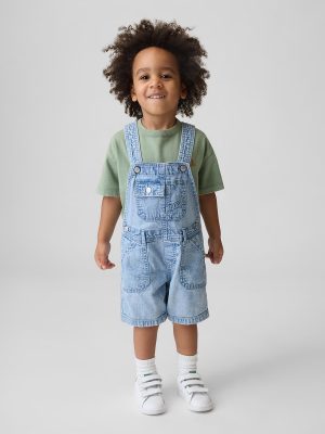 Toddler Boys 9.6 OZ Light Acid Wash Cargo Denim Short Overalls Shortalls