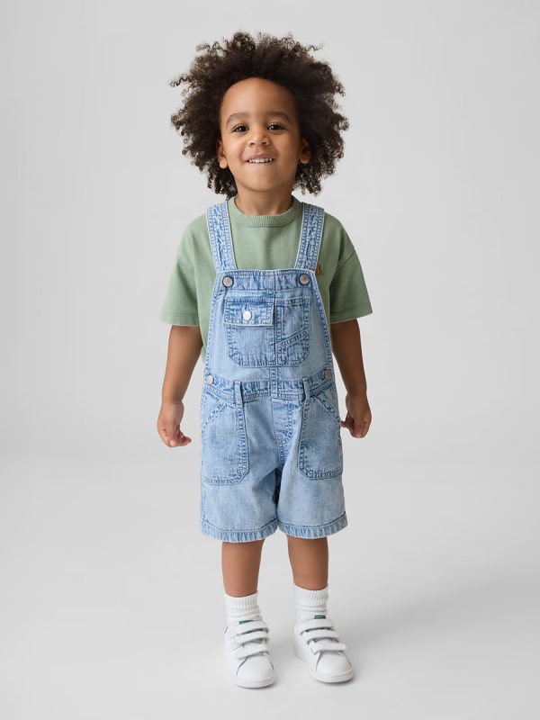 Toddler Boys 9.6 OZ Light Acid Wash Cargo Denim Short Overalls Shortalls