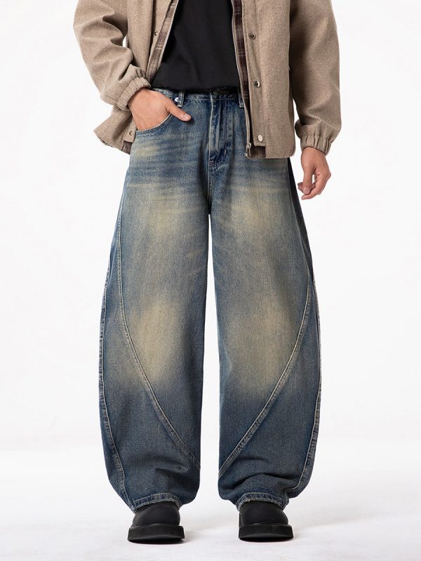 PB004  Men's 12.8 OZ Banana Curved‑leg Cut Vintage Faded Jeans