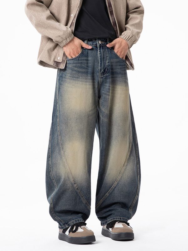 PB004  Men's 12.8 OZ Banana Curved‑leg Cut Vintage Faded Jeans