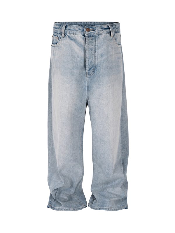 M-FJ013 Men's 13.2 OZ Light Stone Wash Vintage Blue Wide Leg Jeans