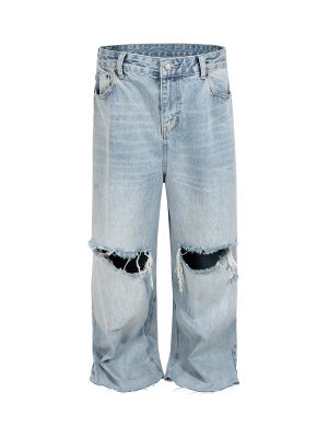 1788828094940384.jpg TJ176 Men's 14.5 OZ Rigid Baggy Straight Ripped Raw Hem Jeans