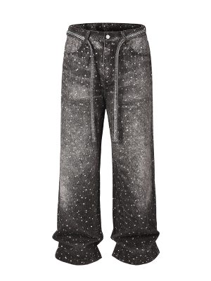 Q166 Men's 14.5 OZ 3D Digital Printing Rhinestone Loose Straight Jeans