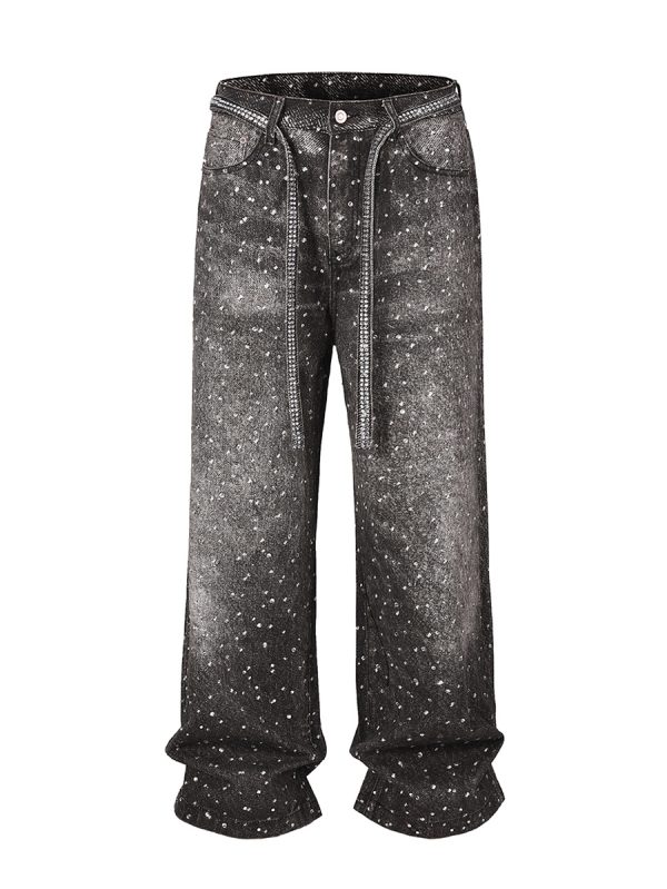 Q166 Men's 3D Digital Printing Rhinestone Loose Straight Jeans