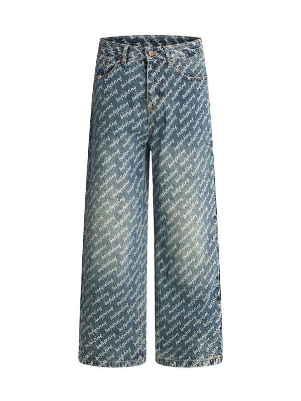 H3816 Men's 13.7 OZ All‑Over Printing Loose Straight Denim Jeans