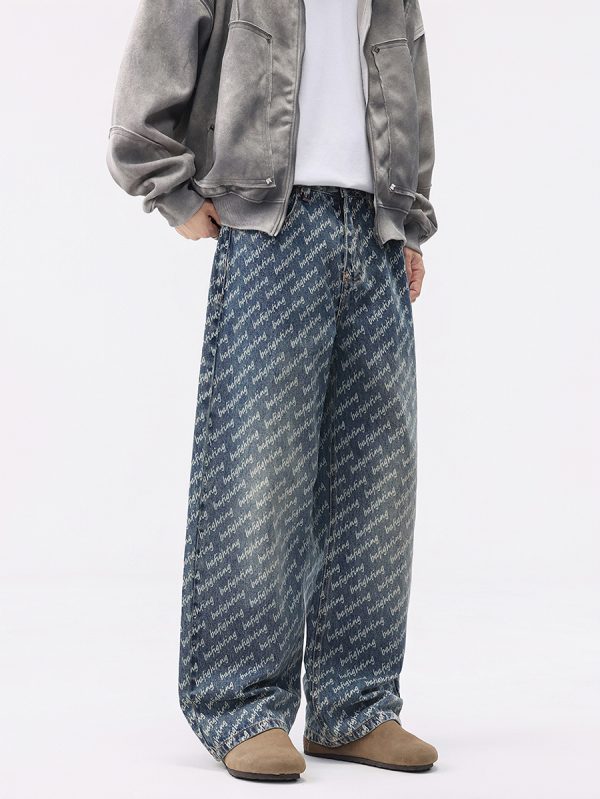 H3816 Men's 13.7 OZ All‑Over Printing Loose Straight Denim Jeans