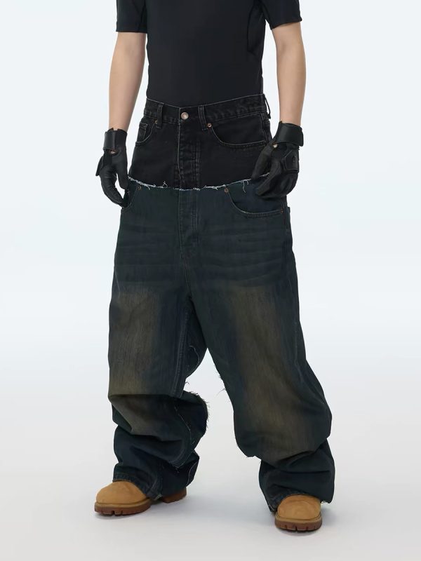 MJ016  Men's 15.5 OZ Y2K Baggy Double Waist Wide Leg Patchwork Jeans