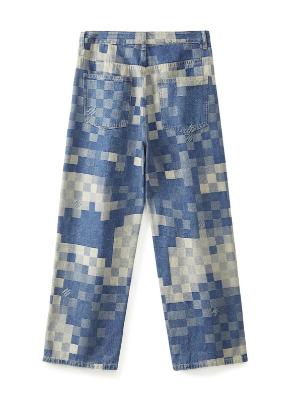 3752 Men's 10.4 OZ 100% Cotton Baggy Checkered Jacquard Denim Jeans