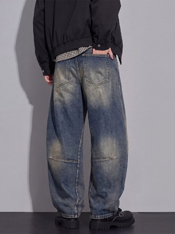 PB004 Men's 12.8 OZ Banana Curved‑leg Cut Vintage Faded Jeans