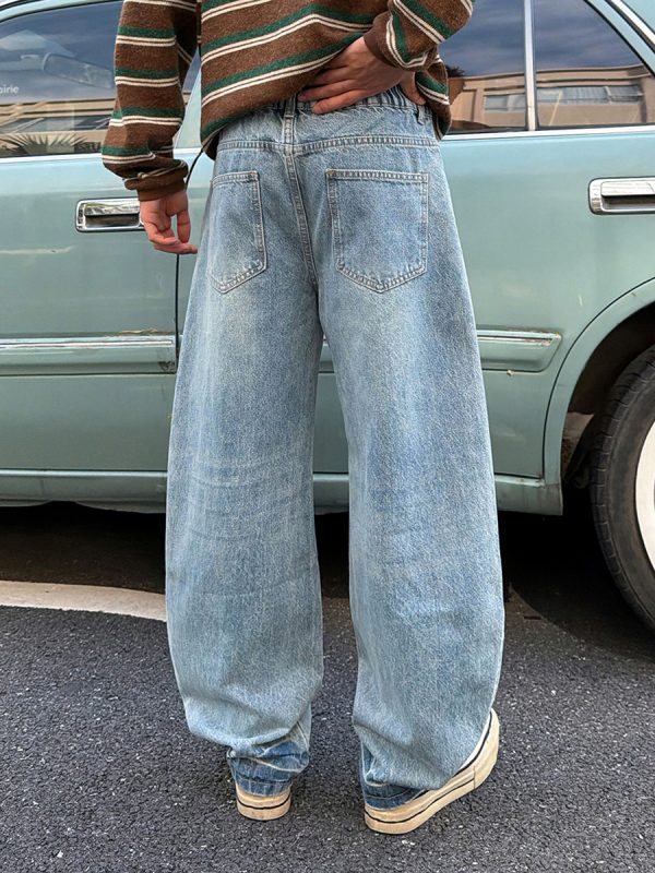 9205 Men's Curved‑leg Back‑half Elastic Waistband Ripped Jeans