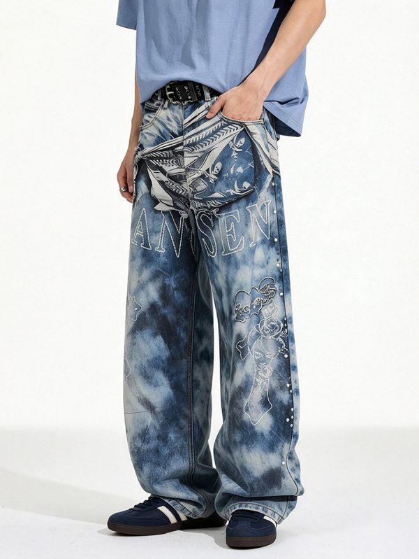 14032 Men's 14.2 OZ 3D Digital Printing Barrel Cut Curve-leg Jeans