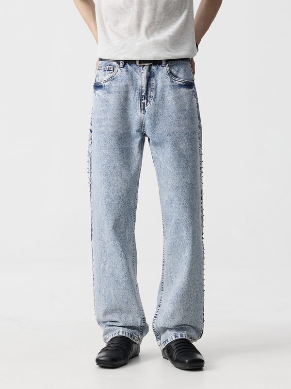 19911  Men's 13 OZ Relaxed Straight Acid Snow Wash Beaded Jeans