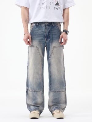 1790152725415481.jpg JK9683-1 Men's 14.8 OZ Cargo Raw Hem Loose Straight Carpenter Jeans