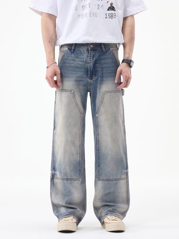 JK9683-1  Men's 14.8 OZ Cargo Raw Hem Loose Straight Carpenter Jeans
