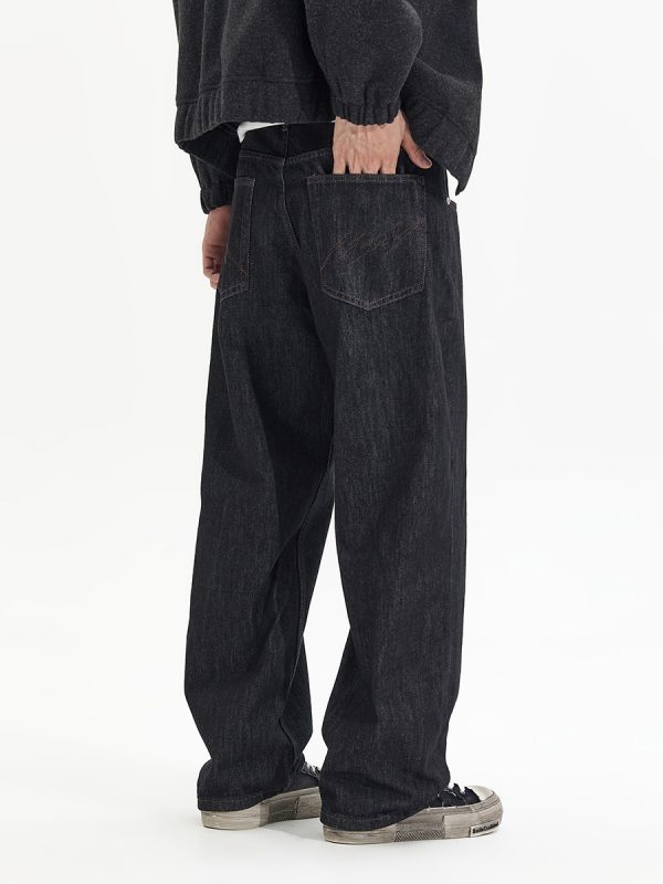 DK3070  Men's 13.6 OZ Black Raw Denim Loose Straight Jeans