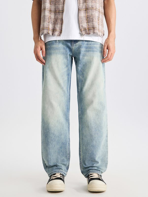 DZ2017  Men's 11.8 OZ Light Vintage Faded Wash Regular Straight Jeans