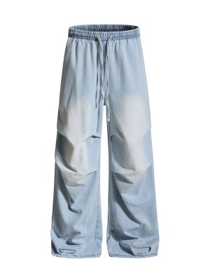 E6697  Men's 10.8 OZ Laser Etching Elastic Waist Baggy Parachute Denim Jeans